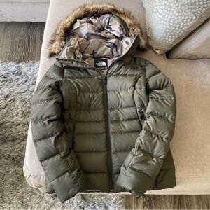 The North Face Khaki Puffer Jacket with Faux Fur Hood